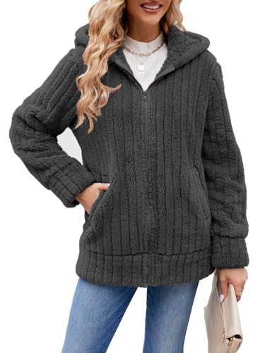 ABYOVRT Kapuzenjacke Damen Warm Mantel Teddy-Fleece Plüschjacke Hoodie Jacke mit Kapuze und Taschen Oversize Wintermantel Dicke Cardigan für Damen Kaputzenjacken Fleecejacke Outwear,Grau,M von ABYOVRT