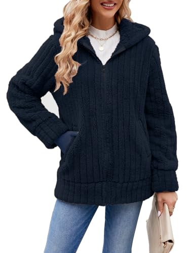 ABYOVRT Kapuzenjacke Damen Warm Mantel Teddy-Fleece Plüschjacke Hoodie Jacke mit Kapuze und Taschen Oversize Wintermantel Dicke Cardigan für Damen Kaputzenjacken Fleecejacke Outwear,Marineblau,L von ABYOVRT