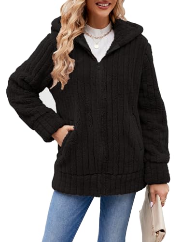 ABYOVRT Kapuzenjacke Damen Warm Mantel Teddy-Fleece Plüschjacke Hoodie Jacke mit Kapuze und Taschen Oversize Wintermantel Dicke Cardigan für Damen Kaputzenjacken Fleecejacke Outwear,Schwarz,L von ABYOVRT