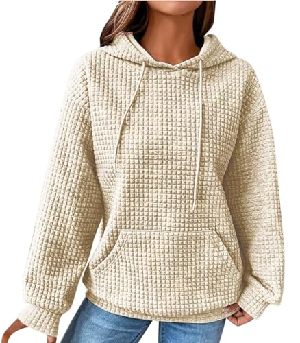 ABYOVRT Hoodie Damen Kapuzenpullover Casual Waffel Pullover Langarm Sweatshirt Winter Kapuzenpulli Oberteil mit Tasche,Aprikose,XL von ABYOVRT