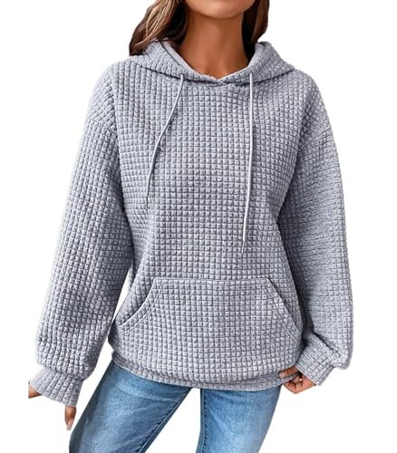 ABYOVRT Kapuzenpullover Damen Hoodie Langarm Casual Pullover Waffel Sweatshirt mit Kapuze Kordelzug Oberteil,Grau,XL von ABYOVRT