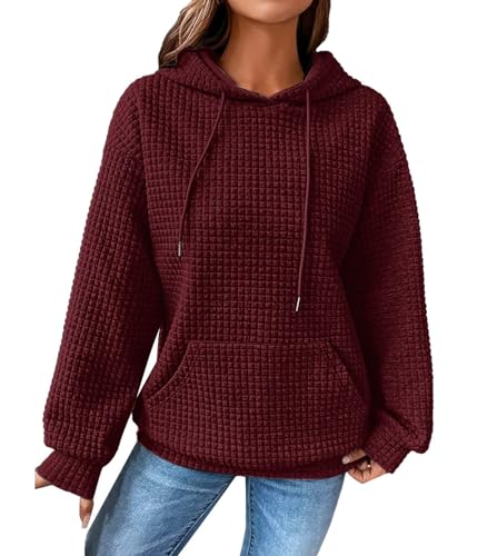 ABYOVRT Hoodie Damen Kapuzenpullover Casual Waffel Pullover Langarm Sweatshirt Winter Kapuzenpulli Oberteil mit Tasche,Weinrot,XL von ABYOVRT