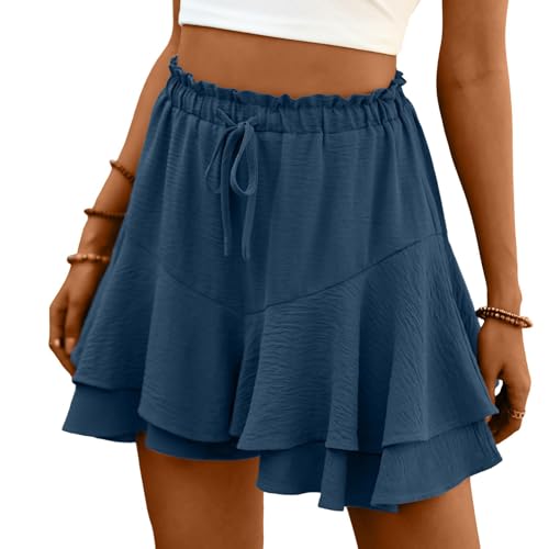 ABYOVRT Kurze Hose Damen Sommer Hohe Taille Rüschen Shorts Lose Freizeit Weite Bein Hosenrock Kurz Strandshorts,Dunkelblau,XL von ABYOVRT