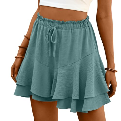 ABYOVRT Kurze Hose Damen Sommer Hohe Taille Rüschen Shorts Lose Freizeit Weite Bein Hosenrock Kurz Strandshorts,Grün,M von ABYOVRT