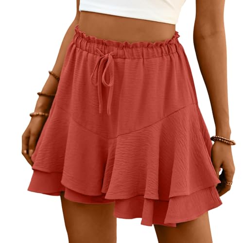 ABYOVRT Kurze Hose Damen Sommer Hohe Taille Rüschen Shorts Lose Freizeit Weite Bein Hosenrock Kurz Strandshorts,Orange,S von ABYOVRT