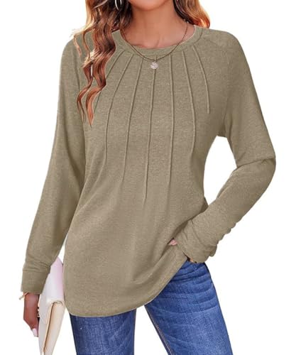 ABYOVRT Langarmshirt Damen Elegant Rundhals Plissierte T-Shirt Casual Tshirt Tunika Tops Basic Oberteile,Khaki,M von ABYOVRT