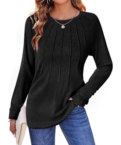 ABYOVRT Langarmshirt Damen Elegant Rundhals Plissierte T-Shirt Casual Tshirt Tunika Tops Basic Oberteile,Schwarz,L von ABYOVRT
