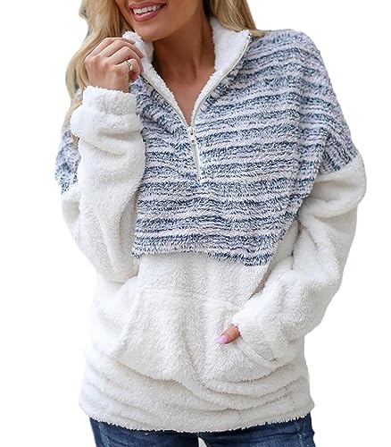 ABYOVRT Pullover Damen Flauschig Teddy-Fleece Weich Warm Oberteil Langarm Casual Oversize Sweatshirt Mit Tasche Zip Oberteile Top für Herbst Winter,Blau,M von ABYOVRT