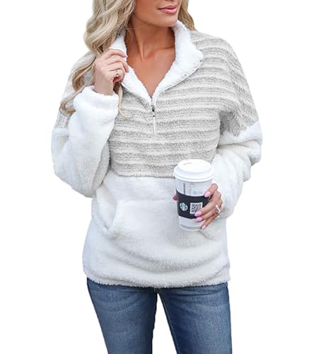 ABYOVRT Pullover Damen Flauschig Teddy-Fleece Weich Warm Oberteil Langarm Casual Oversize Sweatshirt Mit Tasche Zip Oberteile Top für Herbst Winter,Grau,L von ABYOVRT