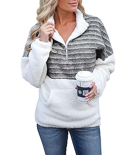 ABYOVRT Pullover Damen Flauschig Teddy-Fleece Weich Warm Oberteil Langarm Casual Oversize Sweatshirt Mit Tasche Zip Oberteile Top für Herbst Winter,Schwarz,L von ABYOVRT