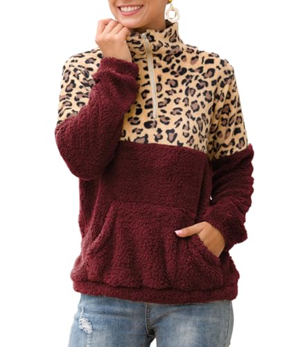 ABYOVRT Pullover Damen Flauschig Teddy-Fleece Weich Warm Oberteil Langarm Casual Oversize Sweatshirt Mit Tasche Zip Oberteile Top für Herbst Winter,Weinroter Leopardenprint,XL von ABYOVRT