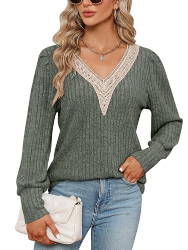 ABYOVRT Pullover Damen V-Ausschnitt Langarmshirt Leichter Strickpullover Winter Casual Elegant Pulli Oberteil,Armeegrün,M von ABYOVRT