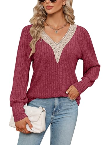 ABYOVRT Pullover Damen V-Ausschnitt Langarmshirt Leichter Strickpullover Winter Casual Elegant Pulli Oberteil,Burgund,XXL von ABYOVRT