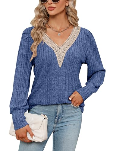 ABYOVRT Pullover Damen V-Ausschnitt Langarmshirt Leichter Strickpullover Winter Casual Elegant Pulli Oberteil,Dunkelblau,XL von ABYOVRT