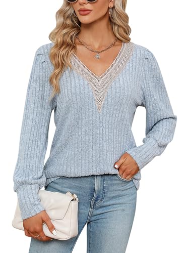ABYOVRT Pullover Damen V-Ausschnitt Langarmshirt Leichter Strickpullover Winter Casual Elegant Pulli Oberteil,Hellblau,S von ABYOVRT