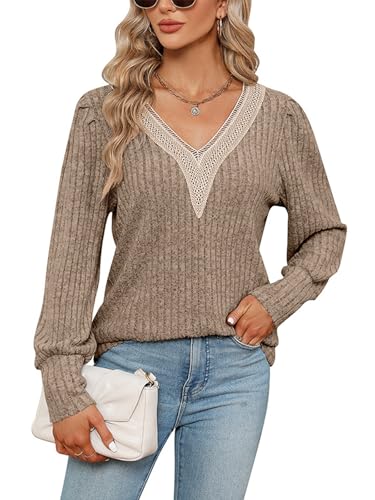 ABYOVRT Pullover Damen V-Ausschnitt Langarmshirt Leichter Strickpullover Winter Casual Elegant Pulli Oberteil,Khaki,S von ABYOVRT