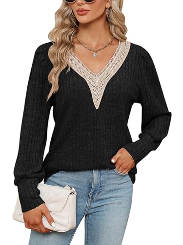 ABYOVRT Pullover Damen V-Ausschnitt Langarmshirt Leichter Strickpullover Winter Casual Elegant Pulli Oberteil,Schwarz,L von ABYOVRT