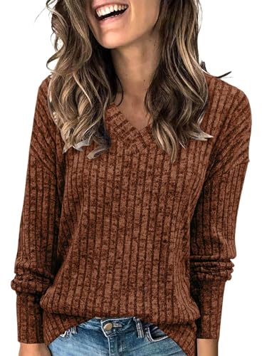 ABYOVRT Pullover Damen V-Ausschnitt Langarmshirt Lose Weich Rippstrick Lässige Strickpullover Oberteile Tunika Tops Pullover,Braun,S von ABYOVRT