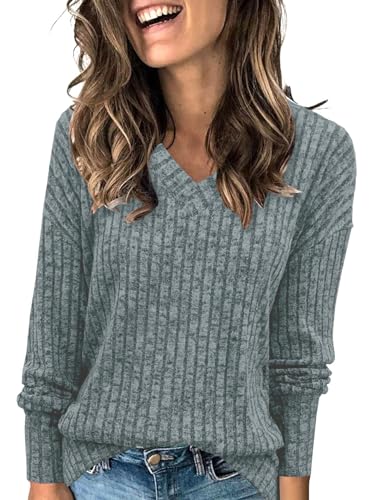 ABYOVRT Pullover Damen V-Ausschnitt Langarmshirt Lose Weich Rippstrick Lässige Strickpullover Oberteile Tunika Tops Pullover,Grau,M von ABYOVRT