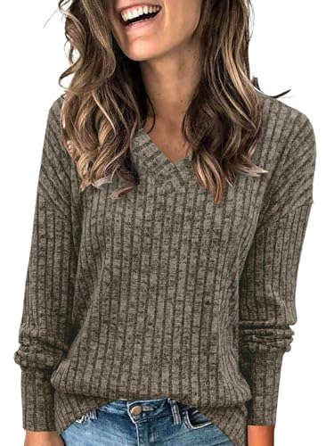 ABYOVRT Pullover Damen V-Ausschnitt Langarmshirt Lose Weich Rippstrick Lässige Strickpullover Oberteile Tunika Tops Pullover,Khaki,M von ABYOVRT