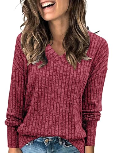 ABYOVRT Pullover Damen V-Ausschnitt Langarmshirt Lose Weich Rippstrick Lässige Strickpullover Oberteile Tunika Tops Pullover,Rose,L von ABYOVRT