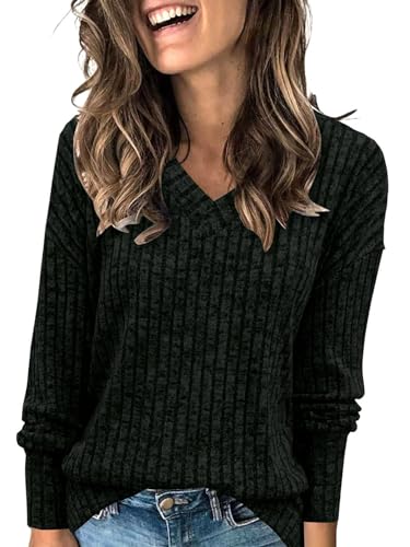 ABYOVRT Pullover Damen V-Ausschnitt Langarmshirt Lose Weich Rippstrick Lässige Strickpullover Oberteile Tunika Tops Pullover,Schwarz,XXL von ABYOVRT