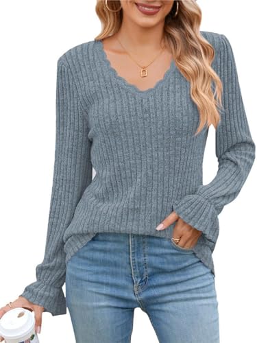 ABYOVRT Pullover Damen V-Ausschnitt Spitzen Sweatshirts Leichte Strickpullover Langarm Oberteile Langarmshirt Lässige Tops Herbst Winter,Blau,XL von ABYOVRT