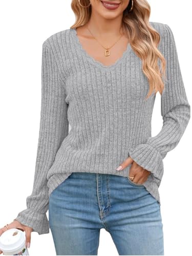 ABYOVRT Pullover Damen V-Ausschnitt Spitzen Sweatshirts Leichte Strickpullover Langarm Oberteile Langarmshirt Lässige Tops Herbst Winter,Grau,XL von ABYOVRT
