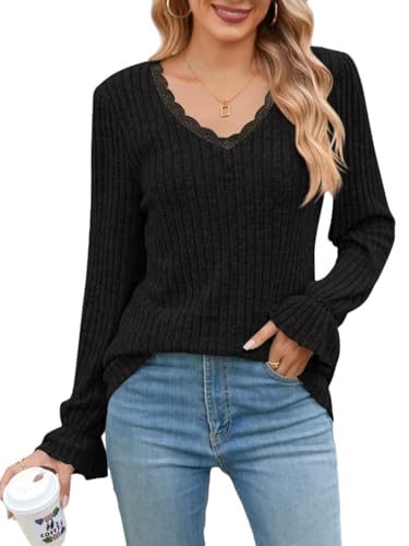 ABYOVRT Pullover Damen V-Ausschnitt Spitzen Sweatshirts Leichte Strickpullover Langarm Oberteile Langarmshirt Lässige Tops Herbst Winter,Schwarz,M von ABYOVRT