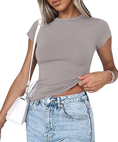 ABYOVRT Sexy Oberteil Damen Y2K Top Kurzarm Casual Skinny Cropped Top Skinny Einfarbig Aesthetic Streetwear Sommer Vintage Bluse Tops,Kurzarm-A-Grau2,S von ABYOVRT