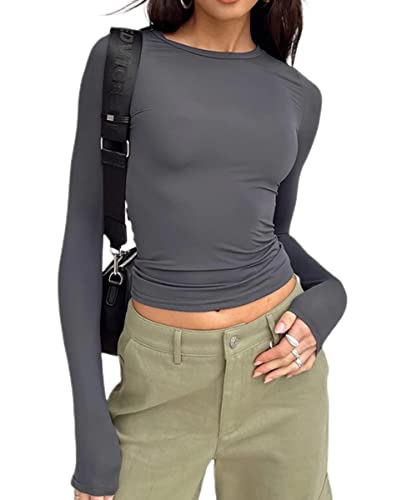 ABYOVRT Sexy Oberteil Damen Y2K Top Langarmshirt Casual Skinny Cropped Top Skinny Einfarbig Aesthetic Streetwear Sommer Vintage Bluse Tops,Langarm-Grau,S von ABYOVRT