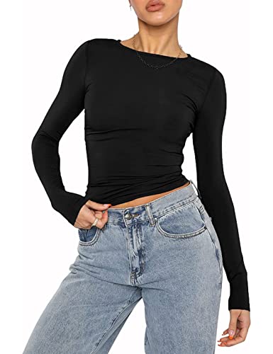 ABYOVRT Sexy Oberteil Damen Y2K Top Langarmshirt Casual Skinny Cropped Top Skinny Einfarbig Aesthetic Streetwear Sommer Vintage Bluse Tops,Langarm-Schwarz,S von ABYOVRT