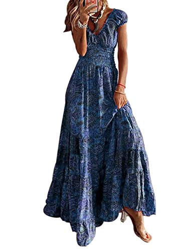 ABYOVRT Sommer Kleider Damen Sommerkleid Boho Lang Kleider Böhmisch Blumen Strandkleid V-Ausschnitt Freizeitkleider Kurzärmelig Maxikleider,Blau,L von ABYOVRT