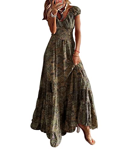 ABYOVRT Sommer Kleider Damen Sommerkleid Boho Lang Kleider Böhmisch Blumen Strandkleid V-Ausschnitt Freizeitkleider Kurzärmelig Maxikleider,Braun,L von ABYOVRT