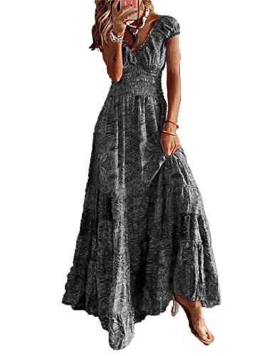 ABYOVRT Sommer Kleider Damen Sommerkleid Boho Lang Kleider Böhmisch Blumen Strandkleid V-Ausschnitt Freizeitkleider Kurzärmelig Maxikleider,Grau,L von ABYOVRT