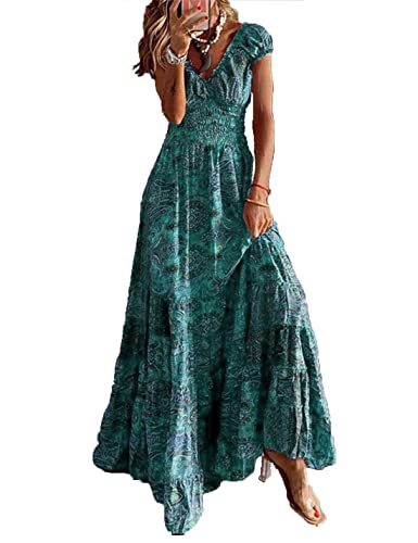 ABYOVRT Sommer Kleider Damen Sommerkleid Boho Lang Kleider Böhmisch Blumen Strandkleid V-Ausschnitt Freizeitkleider Kurzärmelig Maxikleider,Grün,L von ABYOVRT