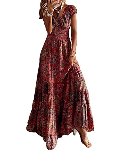 ABYOVRT Sommer Kleider Damen Sommerkleid Boho Lang Kleider Böhmisch Blumen Strandkleid V-Ausschnitt Freizeitkleider Kurzärmelig Maxikleider,Rot,L von ABYOVRT