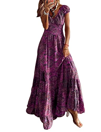 ABYOVRT Sommer Kleider Damen Sommerkleid Boho Lang Kleider Böhmisch Blumen Strandkleid V-Ausschnitt Freizeitkleider Kurzärmelig Maxikleider,Violett,M von ABYOVRT