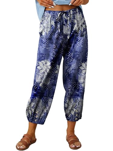 ABYOVRT Sommerhose Damen Leicht 7/8 Leinenhose Loose Freizeithose Frauen Weite Haremshose Taille Straight Bein Hose Stoffhose mit Taschen und Tunnelzug,Druck-Blau,L von ABYOVRT