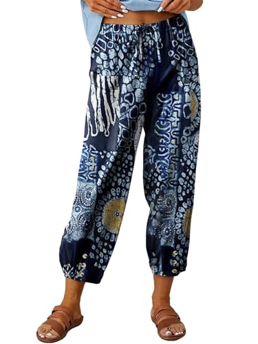 ABYOVRT Sommerhose Damen Leicht 7/8 Leinenhose Loose Freizeithose Frauen Weite Haremshose Taille Straight Bein Hose Stoffhose mit Taschen und Tunnelzug,Druck-Dunkelblau,XL von ABYOVRT