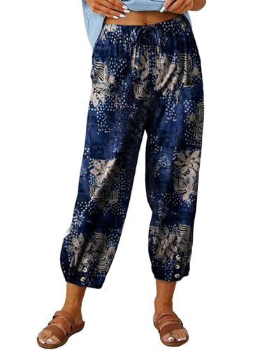 ABYOVRT Sommerhose Damen Leicht 7/8 Leinenhose Loose Freizeithose Frauen Weite Haremshose Taille Straight Bein Hose Stoffhose mit Taschen und Tunnelzug,Druck-Marineblau,L von ABYOVRT