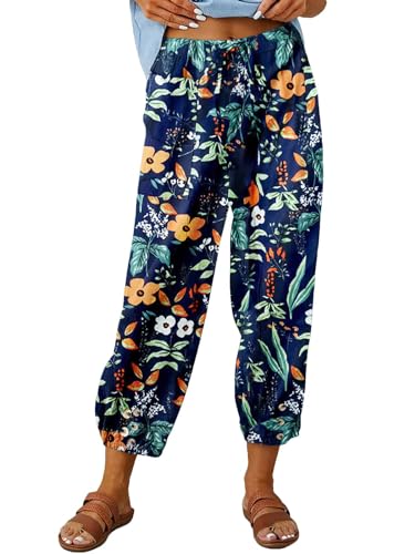 ABYOVRT Sommerhose Damen Leicht 7/8 Leinenhose Loose Freizeithose Frauen Weite Haremshose Taille Straight Bein Hose Stoffhose mit Taschen und Tunnelzug,Druck-Orange,M von ABYOVRT