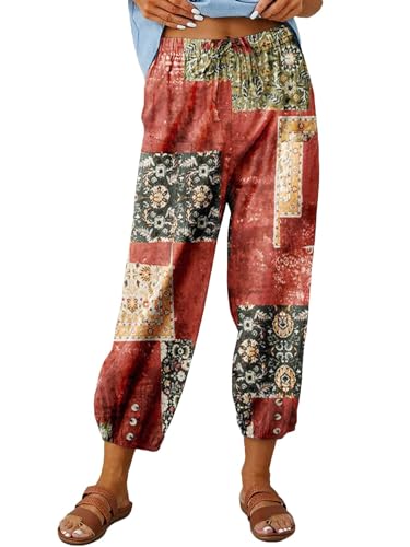 ABYOVRT Sommerhose Damen Leicht 7/8 Leinenhose Loose Freizeithose Frauen Weite Haremshose Taille Straight Bein Hose Stoffhose mit Taschen und Tunnelzug,Druck-Rot,M von ABYOVRT