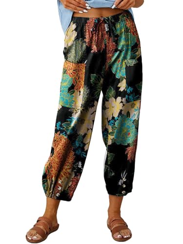 ABYOVRT Sommerhose Damen Leicht 7/8 Leinenhose Loose Freizeithose Frauen Weite Haremshose Taille Straight Bein Hose Stoffhose Jogginghose Yogahose mit Taschen und Tunnelzug,Druck-Schwarz,M von ABYOVRT