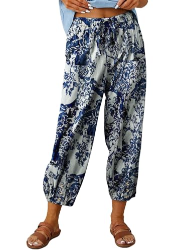 ABYOVRT Sommerhose Damen Leicht 7/8 Leinenhose Loose Freizeithose Frauen Weite Haremshose Taille Straight Bein Hose Stoffhose mit Taschen und Tunnelzug,Druck-Weiß,XL von ABYOVRT