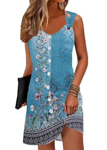 ABYOVRT Sommerkleid Damen Button Down Ärmelloses Minikleid Damen Sommer Strandkleid Kurze V-Ausschnitt Tank Top Kleider Tunique Kleid,Blauer Druck,M von ABYOVRT
