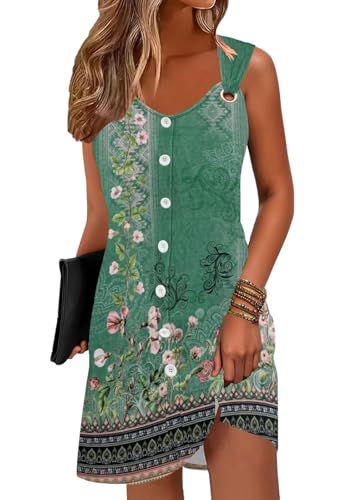 ABYOVRT Sommerkleid Damen Button Down Ärmelloses Minikleid Damen Sommer Strandkleid Kurze V-Ausschnitt Tank Top Kleider Tunique Kleid,Grüner Druck,S von ABYOVRT