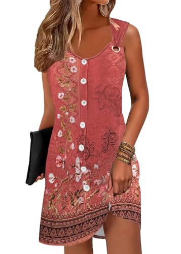 ABYOVRT Sommerkleid Damen Button Down Ärmelloses Minikleid Damen Sommer Strandkleid Kurze V-Ausschnitt Tank Top Kleider Tunique Kleid,Roter Druck,S von ABYOVRT