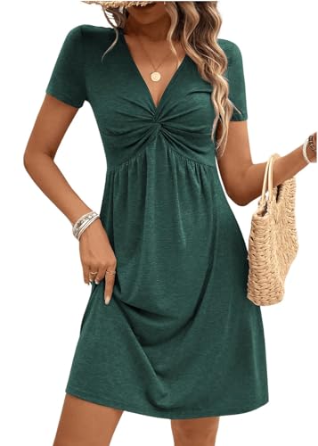 ABYOVRT Sommerkleid Damen Elegant Kleider Casual Kurzarm Kleid V-Ausschnitt Freizeitkleid Sommer Strandkleid Festliche Minikleid,Grün,M von ABYOVRT