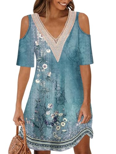 ABYOVRT Sommerkleid Damen Knielang Kurzarm Kleider Lässiges V Ausschnitt Boho Strandkleider Sommer Elegant Minikleid Blumendruck Lose Oberteile Spitzen Tunika Freizeitkleid,Blau,M von ABYOVRT